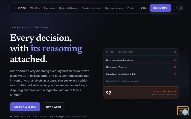 Screenshot of Krino — Gerçek Zamanlı Dolandırıcılık ve AML Karar Motoru