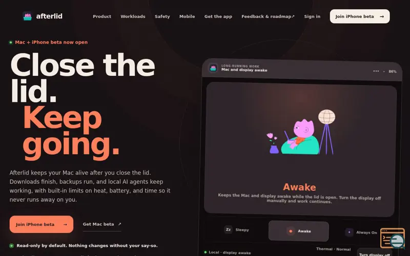 Screenshot of Afterlid: Close the lid. Keep going.
