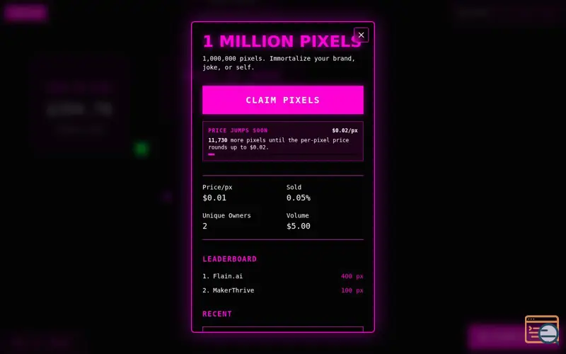 Screenshot of 1milllionpixels