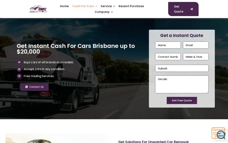 Screenshot of Simple Cash for Cars, a launch using HostingPlatform AU