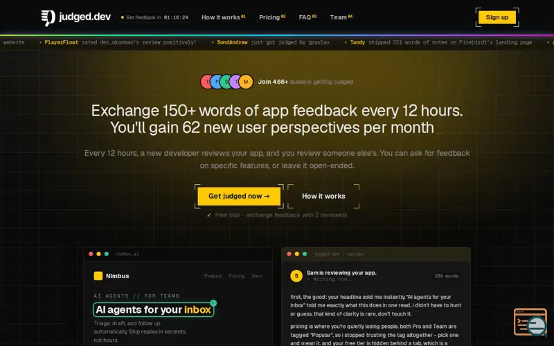 Screenshot of judged.dev — get your app judged by real developers