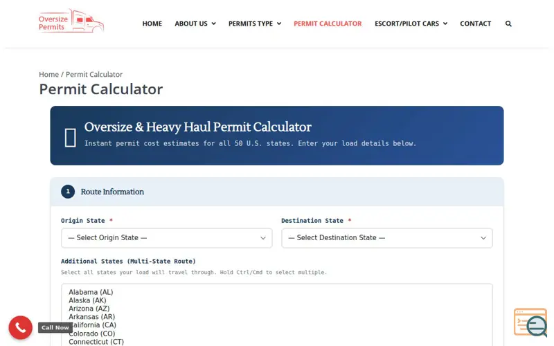 Screenshot of Oversize Permit Cost Calculator