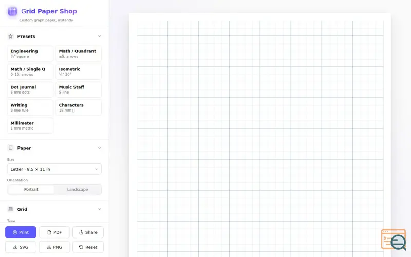 Screenshot of Grid Paper Shop