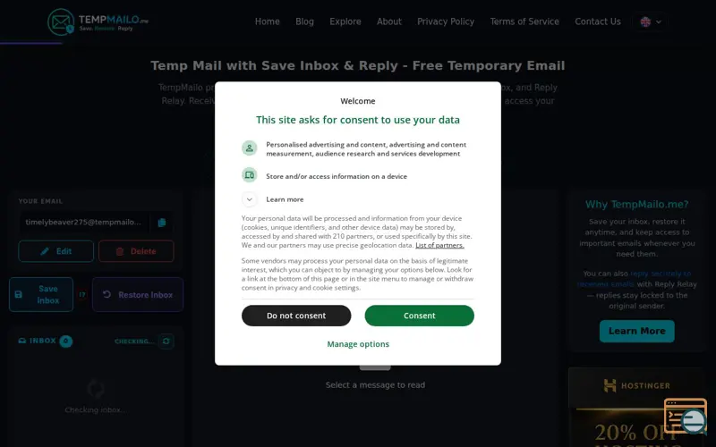 Screenshot of TempMailo