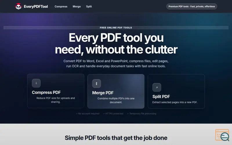 Screenshot of 40 Free Online PDF Tools | EveryPDFTool, a launch using Launchory