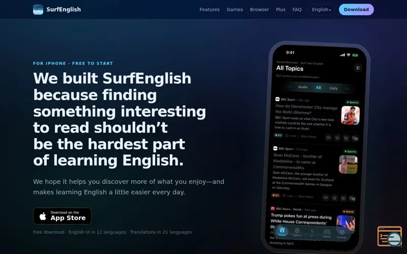 Screenshot of SurfEnglish — Surf the web, learn English