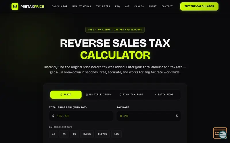 Screenshot of Reverse Sales Tax Calculator