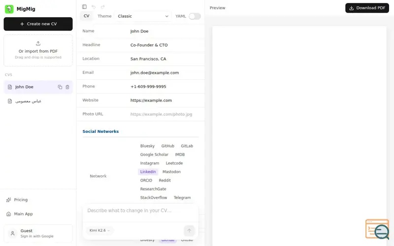 Screenshot of MigMig Resume Builder