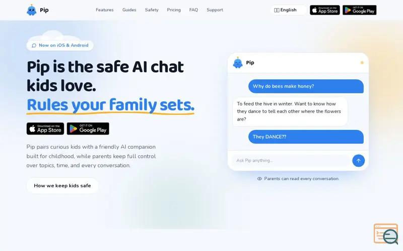 Screenshot of Pip | Safe AI chat for kids, managed by parents
