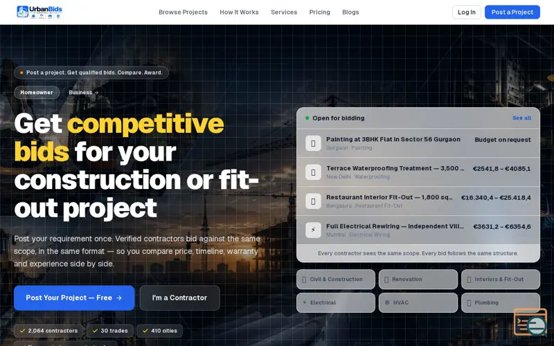 Screenshot of UrbanBids, a launch using StartupBase