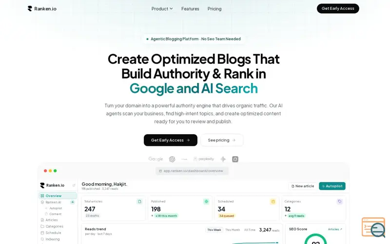 Screenshot of Ranken.io — Next Generation Blogging Platform For SEO & AEO 2026