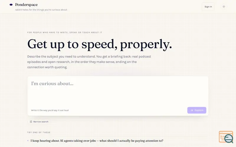 Screenshot of Ponderspace — Get up to speed on any subject, properly