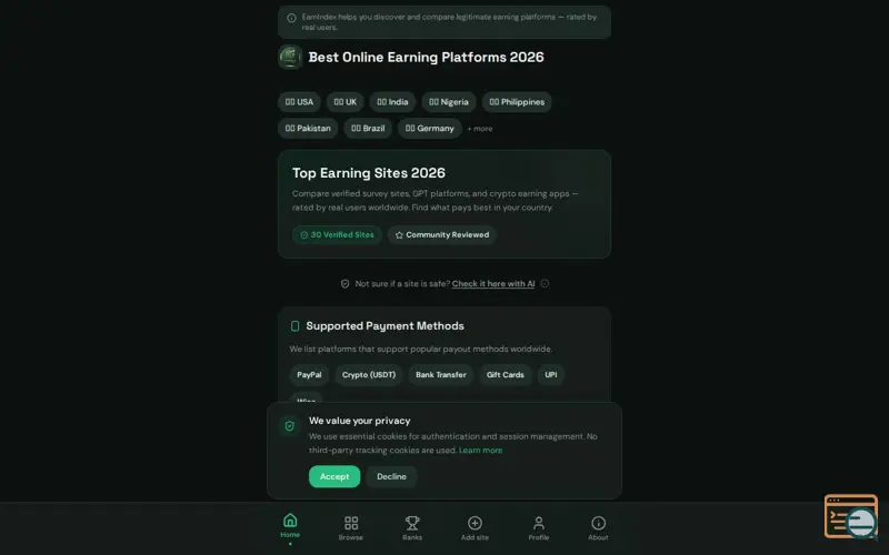 Screenshot of EarnIndex