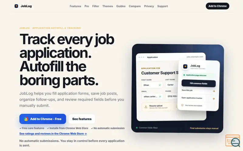 Screenshot of JobLog - Job Application Tracker and Autofill, a launch using SaaS Browser