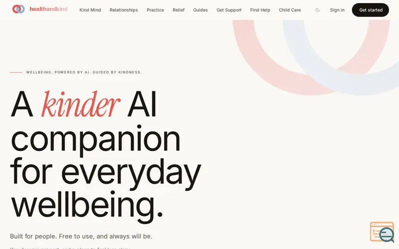 Screenshot of Health and Kind. Free AI Wellbeing Support