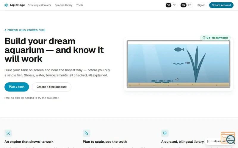 Screenshot of AquaSage — plan your aquarium with a friend who knows fish