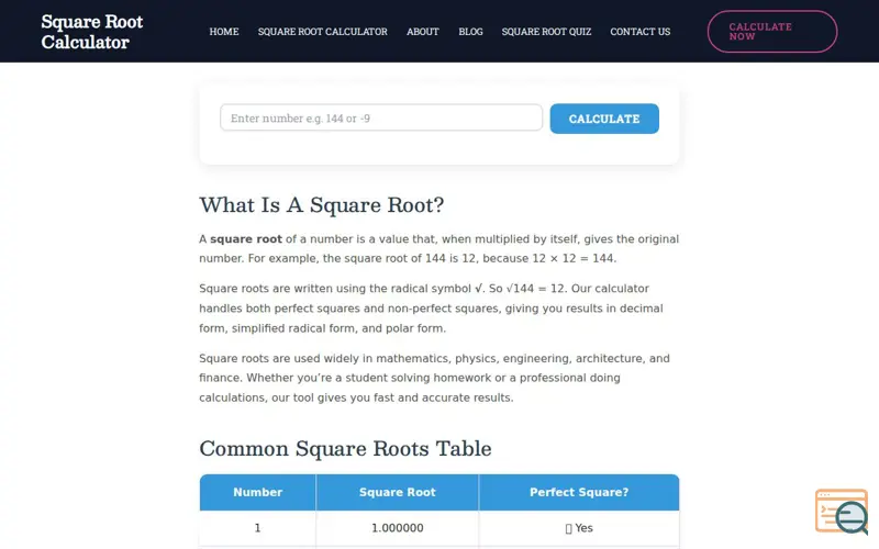 Screenshot of sqrtcalculator.com