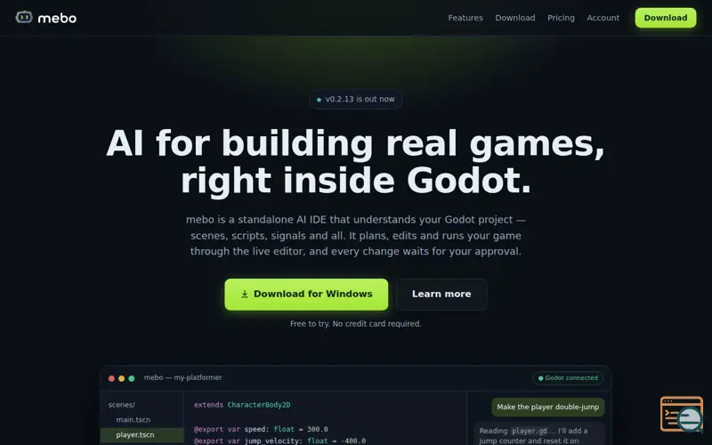 Screenshot of mebo — The AI IDE for Godot | AI Agent for the Godot Engine