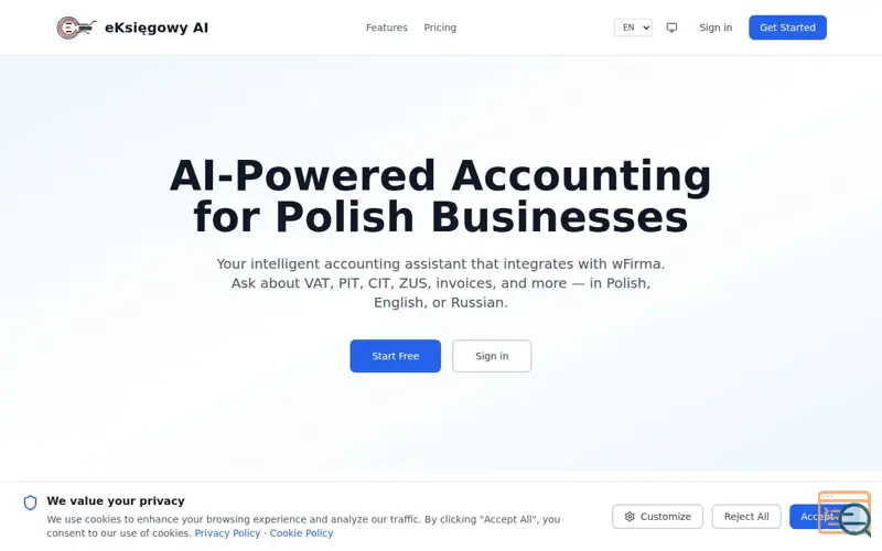 Screenshot of eKsięgowy AI, a launch using MicroHost DNS