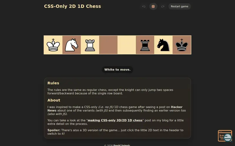 Screenshot of CSS-Only 3D/2D 1D Chess
