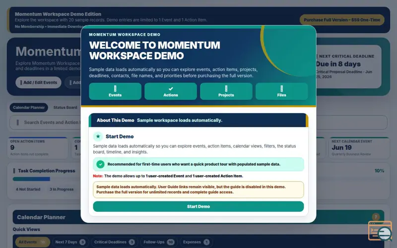 Screenshot of Momentum Workspace Demo
