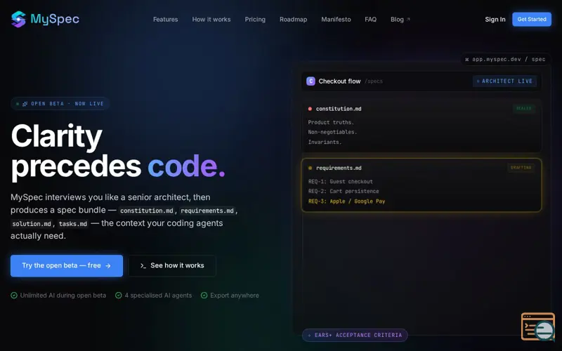 Screenshot of MySpec