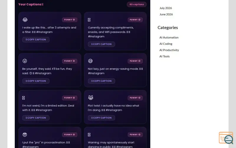 Screenshot of Instagram Caption Generator 