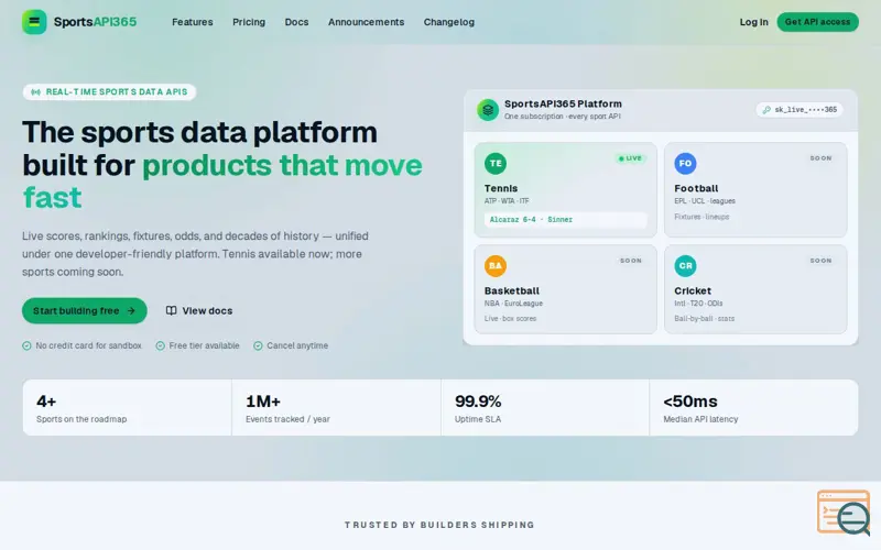 Screenshot of SportsAPI365 - Developer Platform