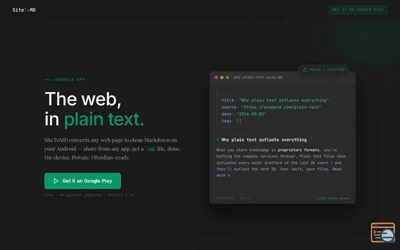 Screenshot of SiteToMD — Any web page. Clean markdown.