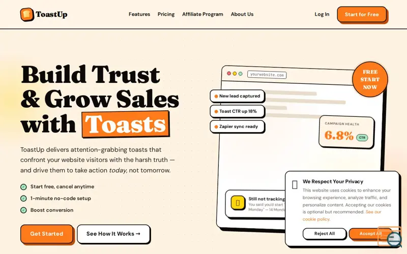 Screenshot of ToastUp - Convert Visitors To Leads