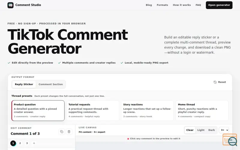 Screenshot of tiktok comment generator.com