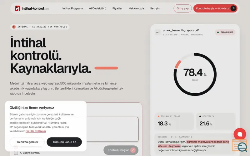 Screenshot of Intihal-Kontrol.com, a launch using THCServers Email