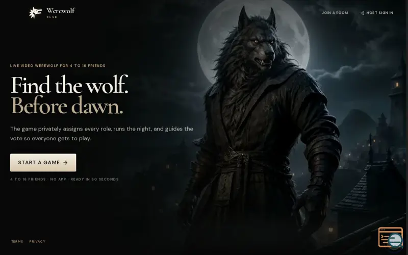 Screenshot of Werewolf Club · Live video Werewolf, AI moderated · Werewolf Club, a launch using Amazon Chime SDK