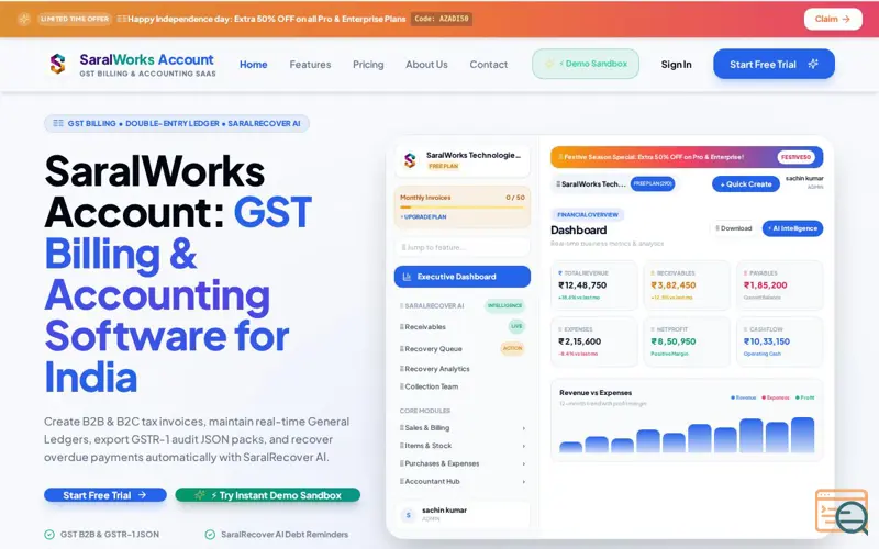 Screenshot of SaralWorks Account