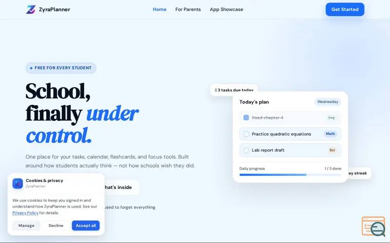 Screenshot of ZyraPlanner — School under control, a launch using Anubis