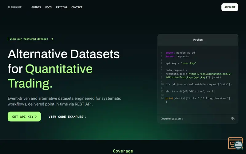 Screenshot of Alphanume — Market Data APIs for Quants