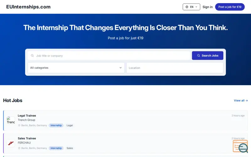 Screenshot of EUInternships.com, a launch using Redactor