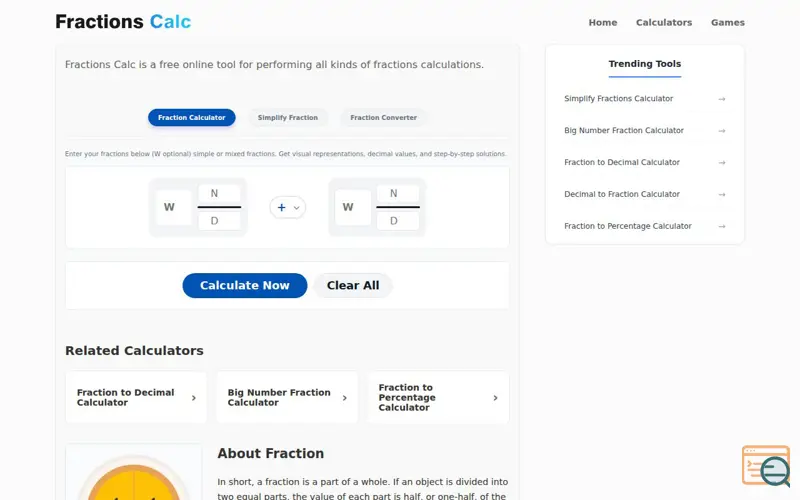 Screenshot of Fractions Calc