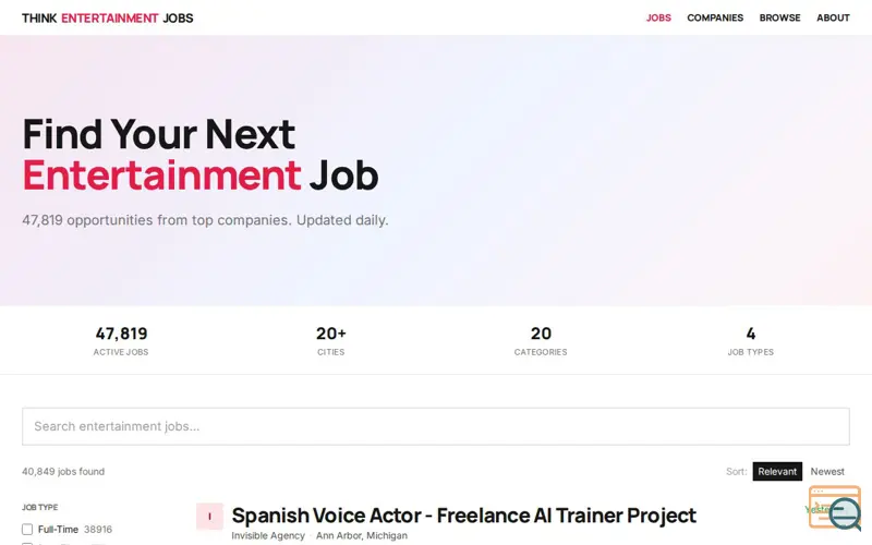 Screenshot of Think Entertainment Jobs