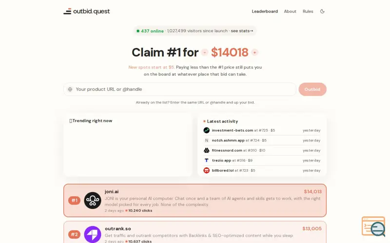 Screenshot of outbid
