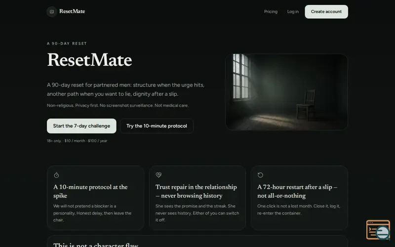 Screenshot of ResetMate, a launch using HostEONS