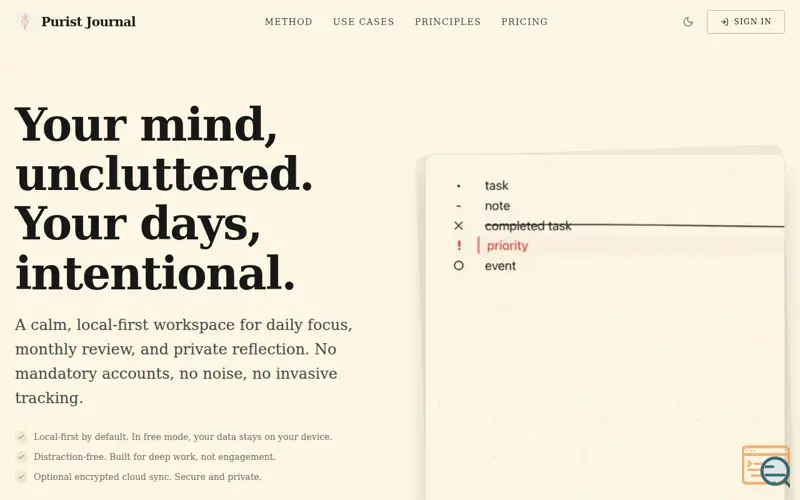 Screenshot of Purist Journal