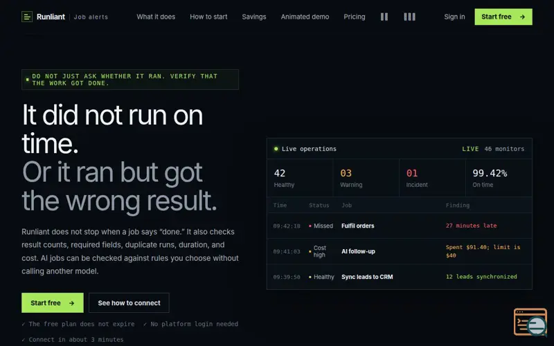 Screenshot of Runliant | Alerts for missed, failed, or incorrect automation runs | Runliant