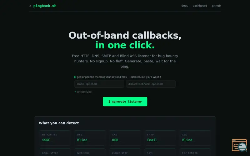 Screenshot of PingBack.sh Free Blind XSS & OOB 