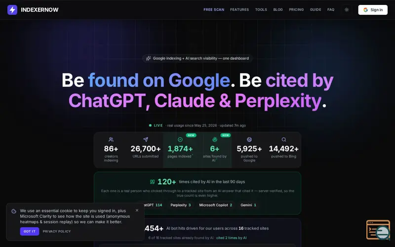 Screenshot of IndexerNow, a launch using AI Directories