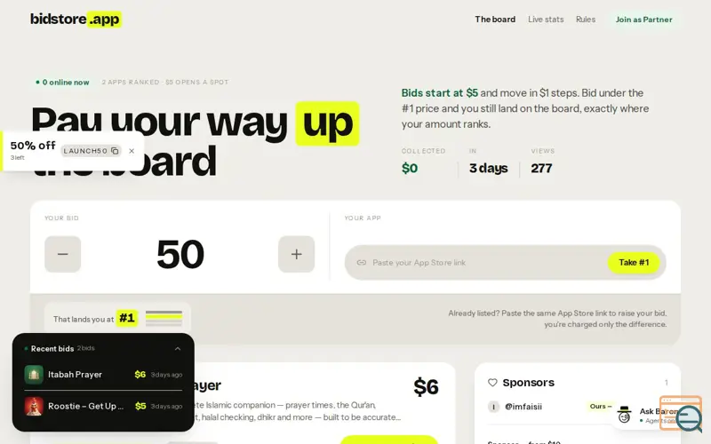 Screenshot of The board — Bidstore