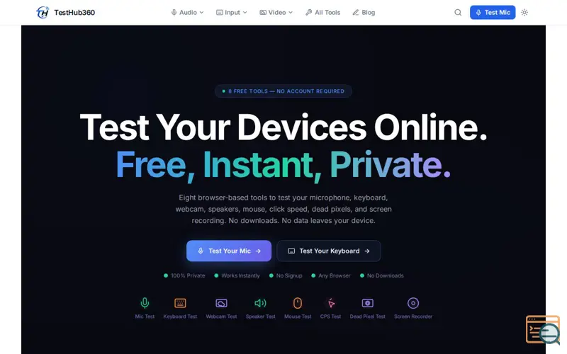 Screenshot of TestHub360 — Free Online Device Tests