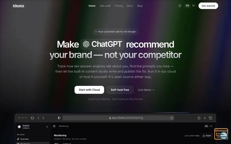 Screenshot of AI visibility tracker for ChatGPT, Gemini and Perplexity — Ideata