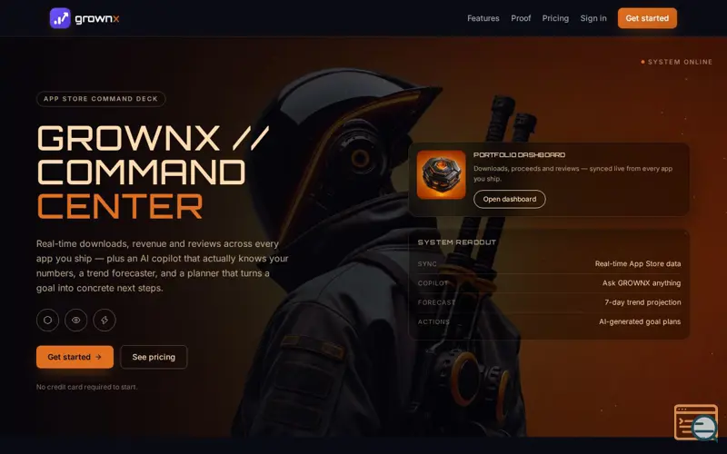 Screenshot of GROWNX, a launch using IndieLineup