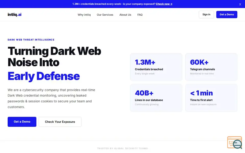 Screenshot of intliq.ai — Dark Web Threat Intelligence